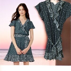 LC Lauren Conrad XXL Teal Floral Wrap Mini Dress Flutter Sleeve